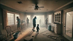 An interior scene of a home with a family cautiously entering after a wildfire evacuation. The room has light smoke still lingering in the air, with f